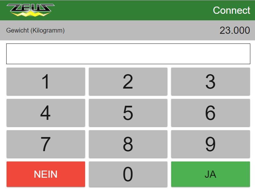 Display of a weighing process in Zeus Connect